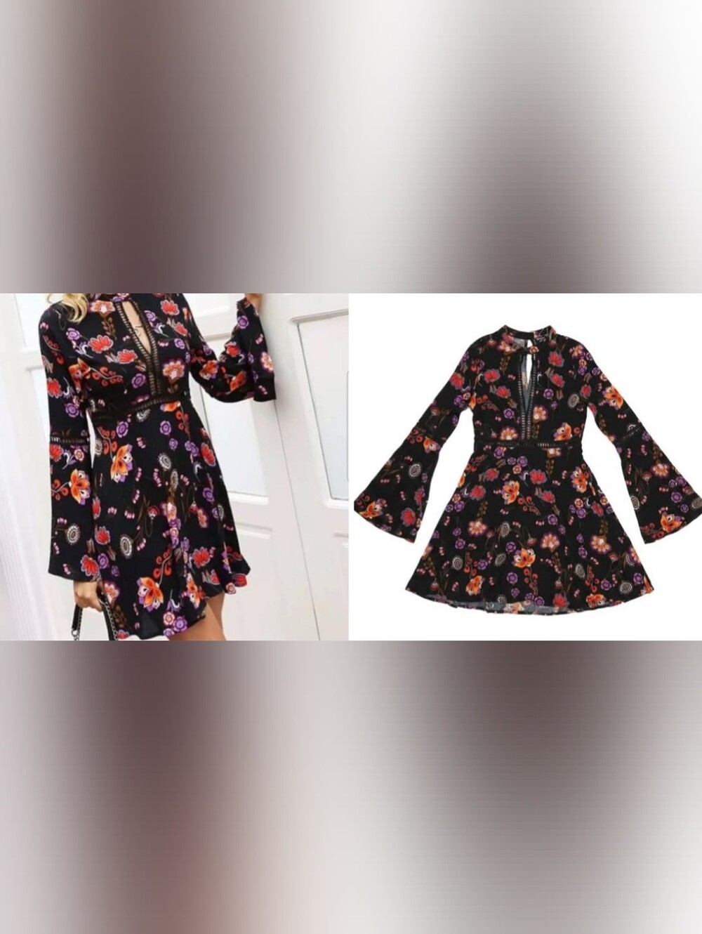 Girls Black Floral Bell Sleeve Dress